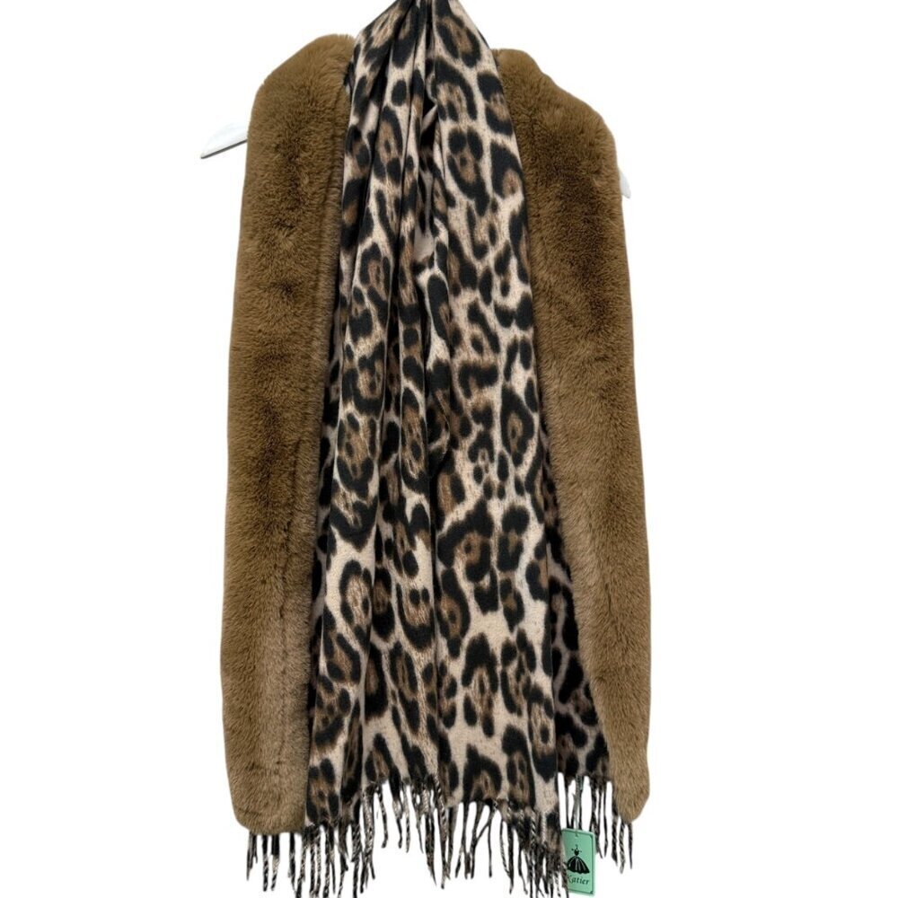 NWT Faux Fur Leopard Wrap Womens Evening Scarf Shawl by Katier 26x64